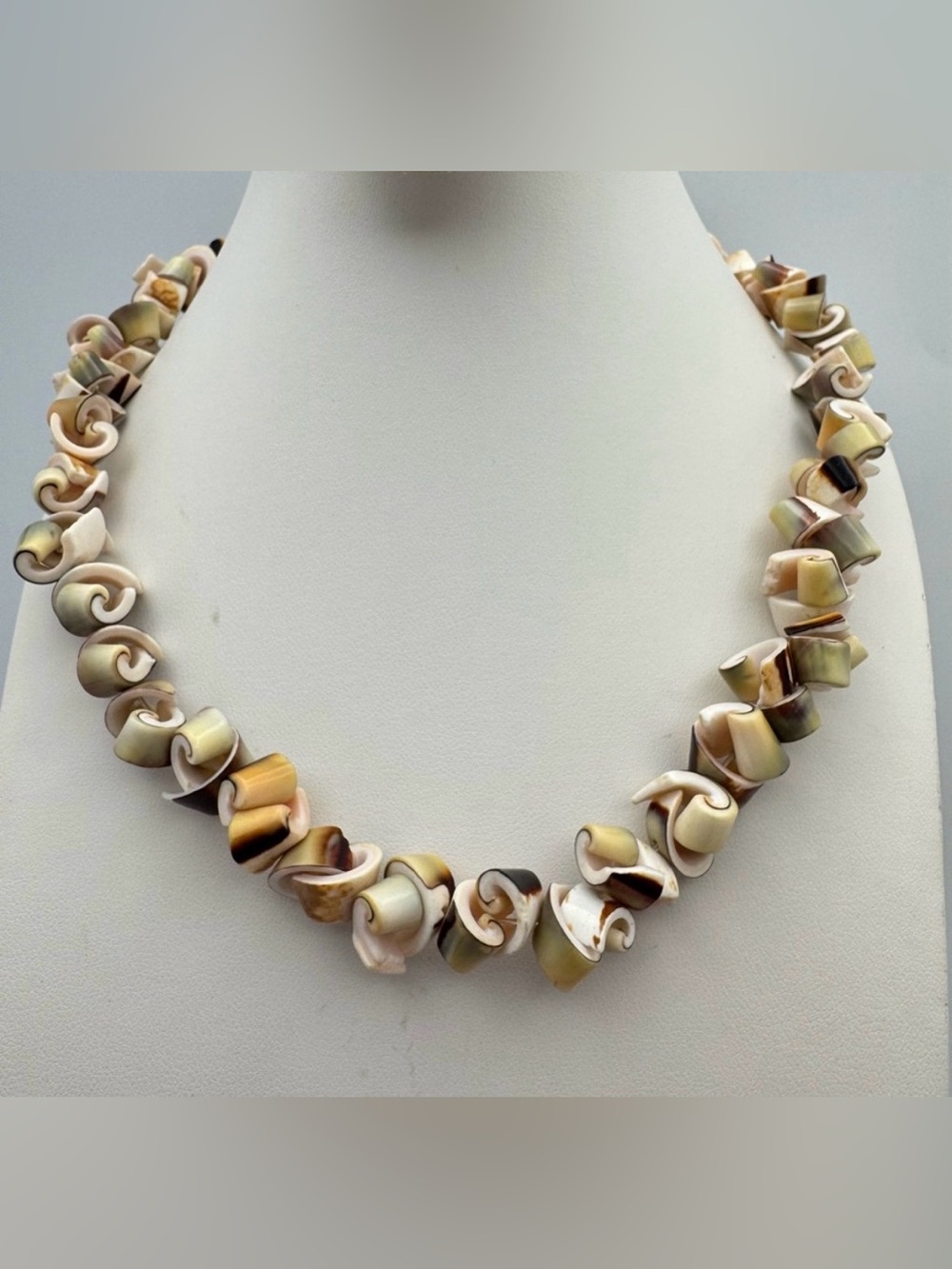 Natural Shell Bead Necklace 18" Twisted Shell Beads Neutral Tones